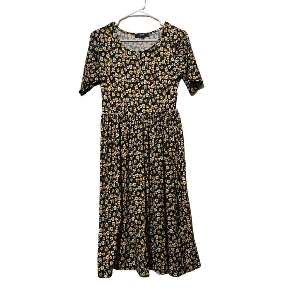 Vibe Sportswear Yellow & Black Floral Soft Flowy Sun Dress Plus Size Large NEW
